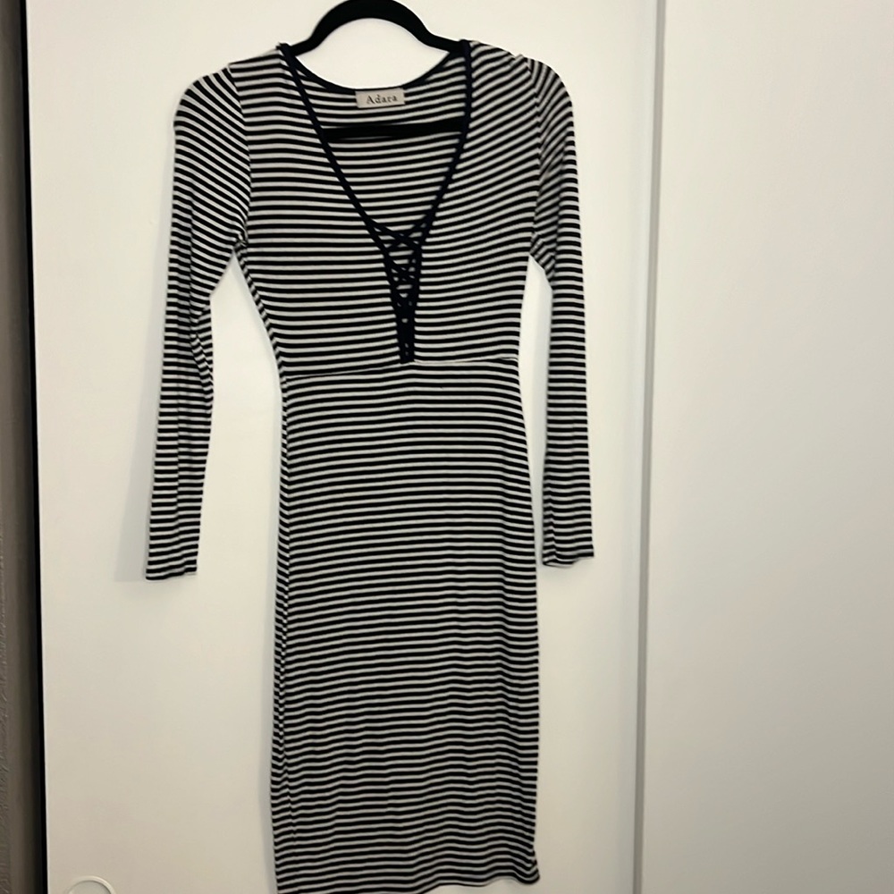 Adara blue and white horizontal striped tight fitting above the knee dress